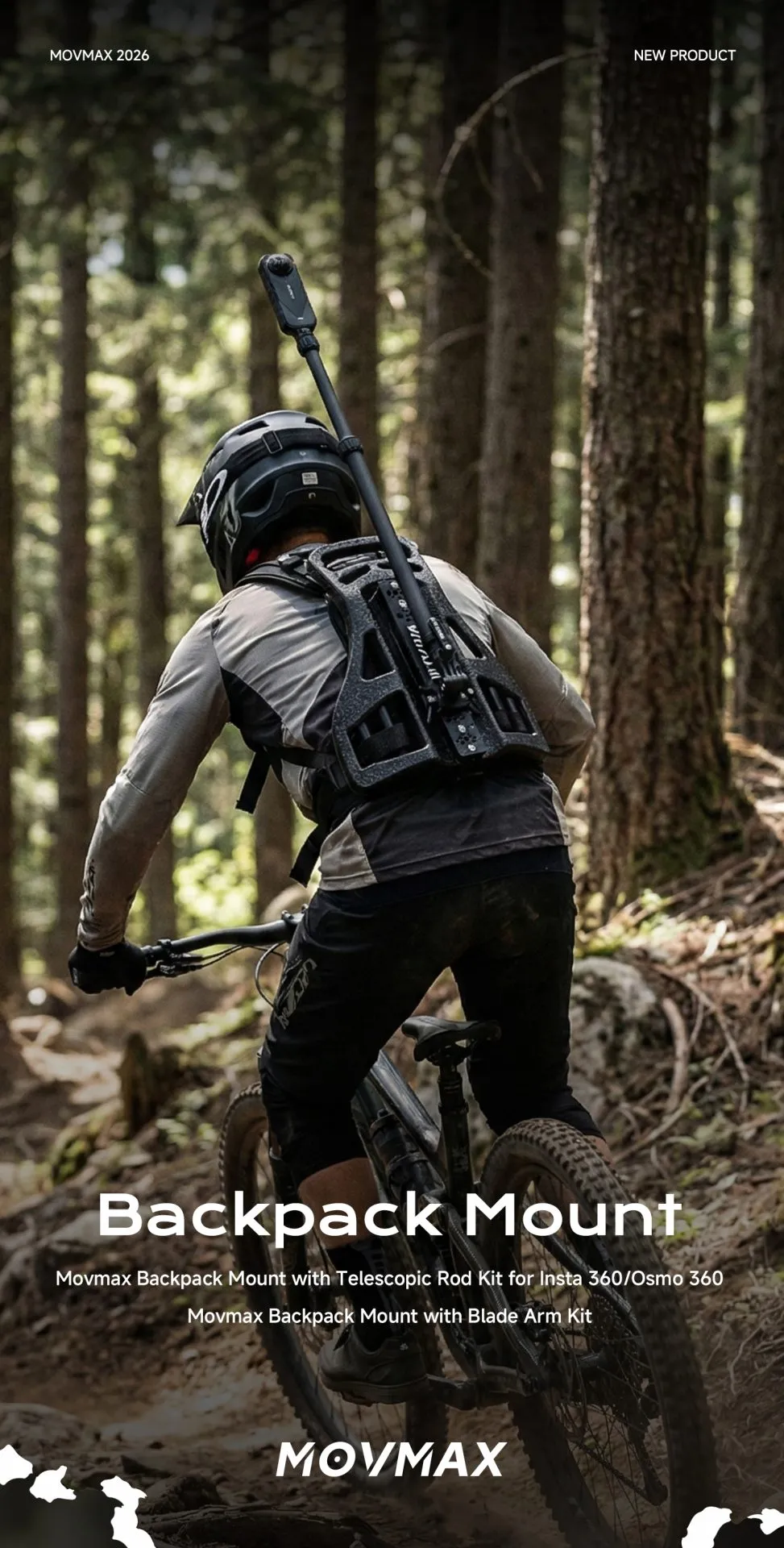 Movmax Backpack Mount shown on a mountain biker riding through a forest trail with an action camera mounted behind the rider.