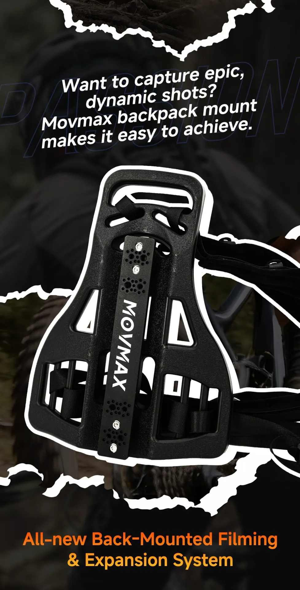 Close-up of the Movmax Backpack Mount frame with shoulder straps, designed for back-mounted action camera filming.