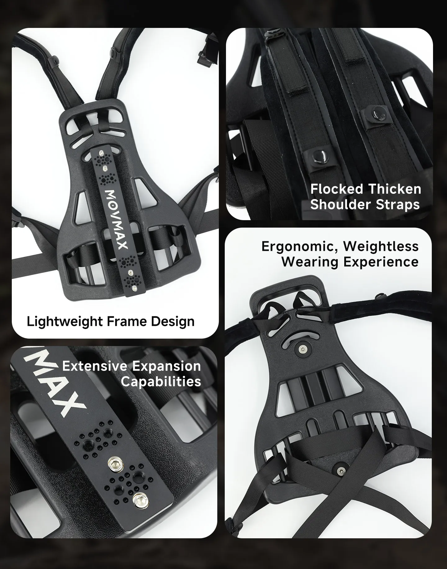 Movmax Backpack Mount feature collage showing the lightweight frame, thick shoulder straps, expansion mounting plate and ergonomic wearing design.
