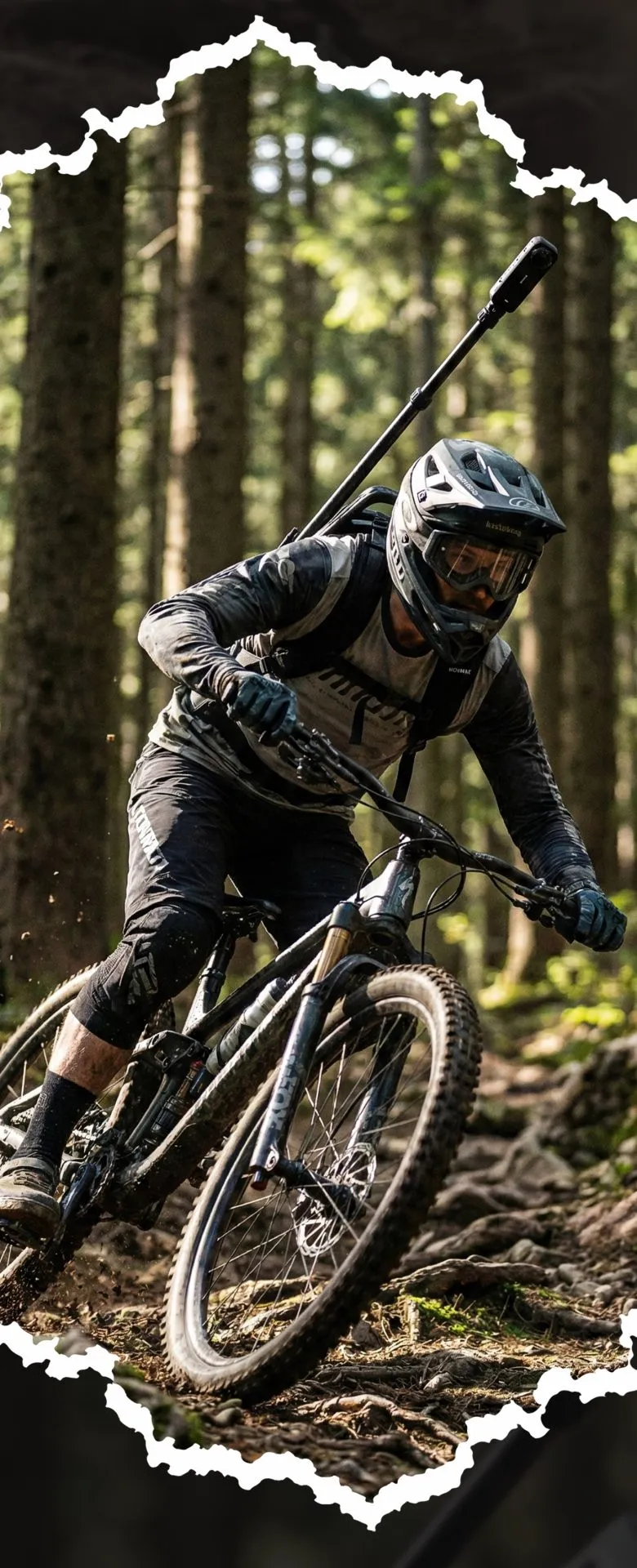 Mountain biker riding through a forest with the Movmax Backpack Mount and telescopic rod fitted for dynamic third-person filming.