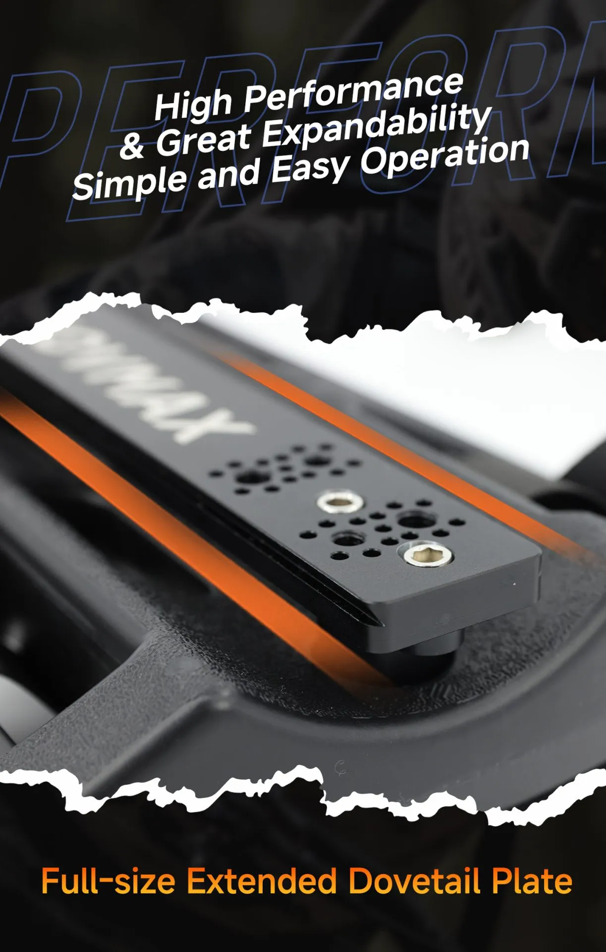 Close-up of the Movmax Backpack Mount full-size extended dovetail plate for accessory expansion.