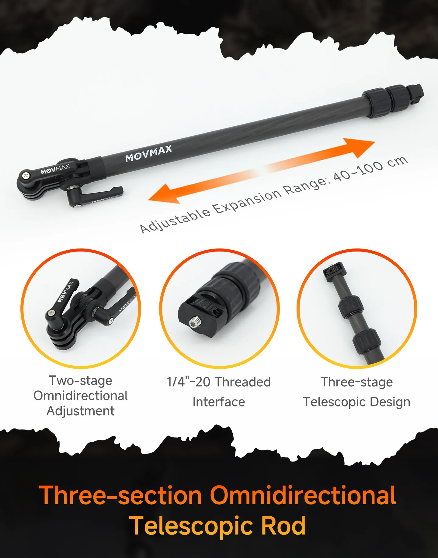 Movmax three-section omnidirectional telescopic rod showing adjustable expansion from 40 to 100 cm, 1/4”-20 threaded interface and angle adjustment.