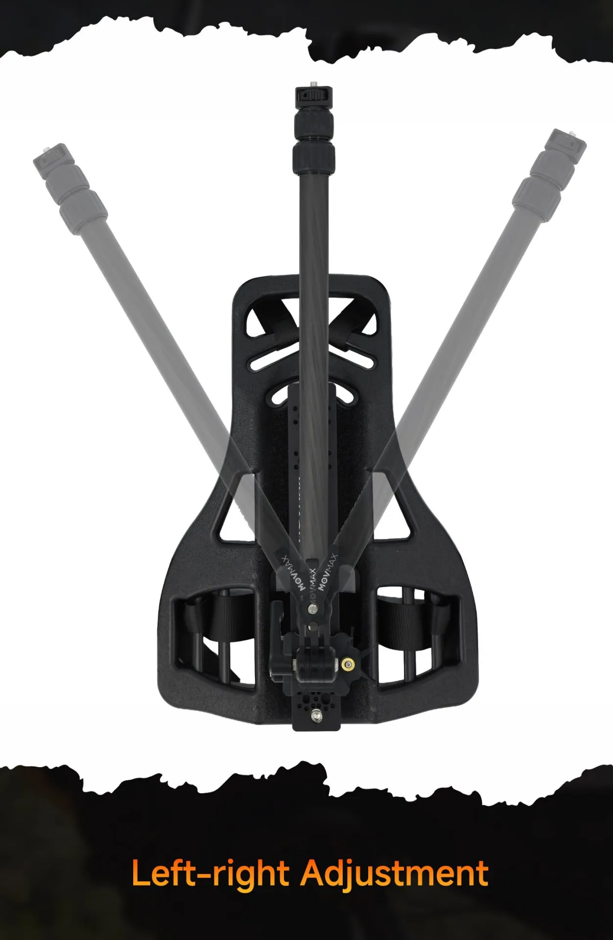 Movmax Backpack Mount with telescopic rod showing left-right adjustment positions for flexible camera angles.