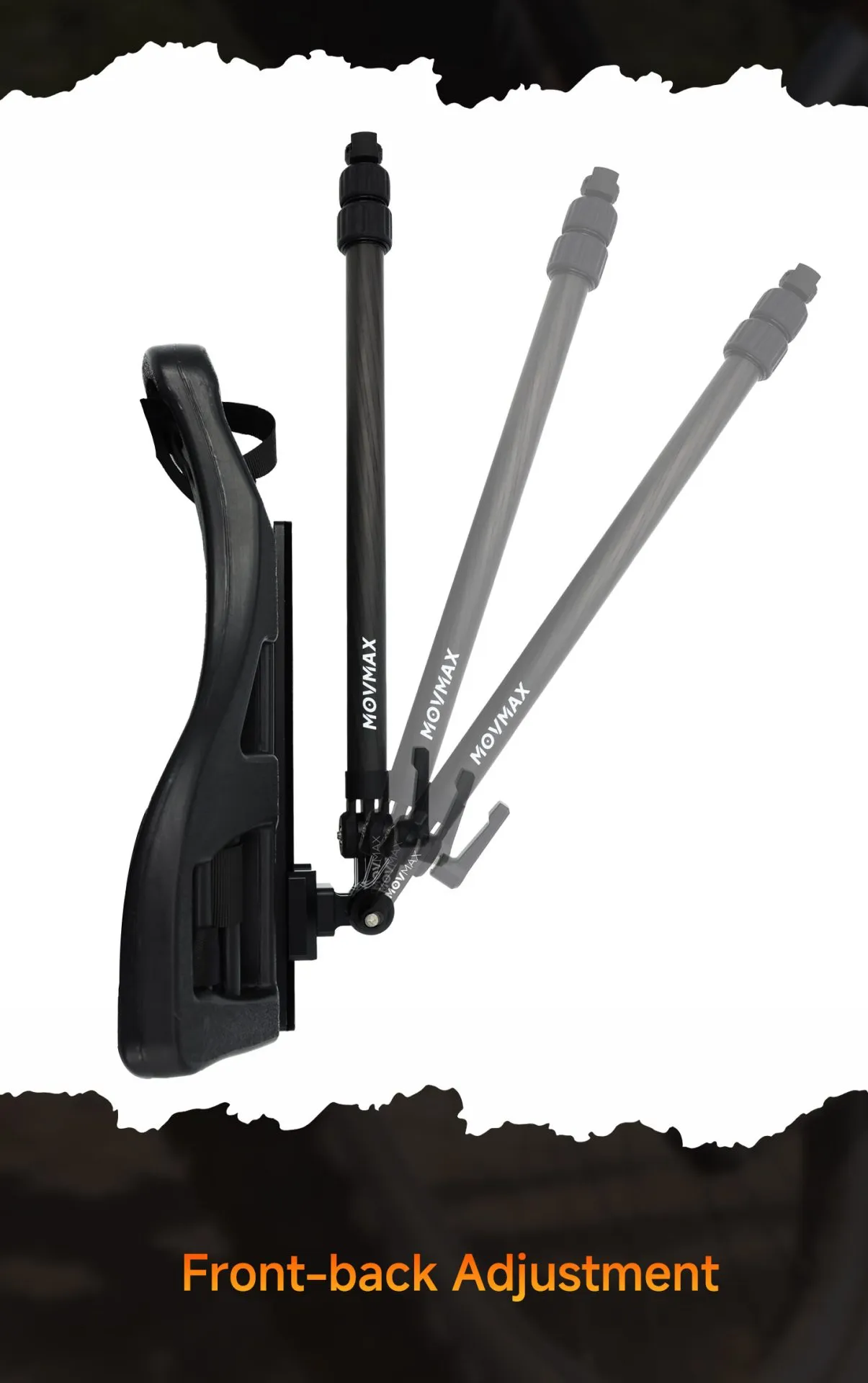 Side view of the Movmax Backpack Mount with telescopic rod showing front-back adjustment positions.