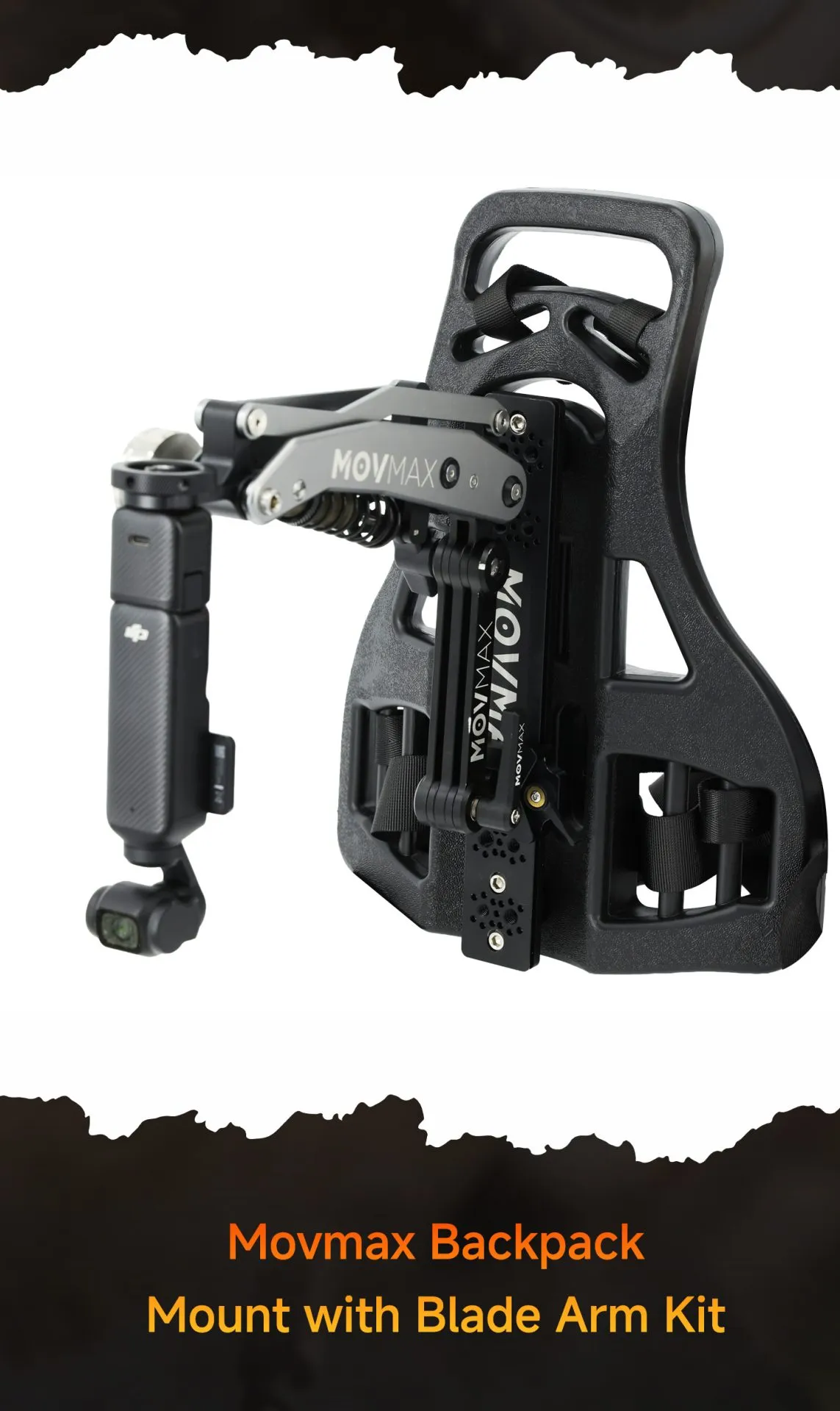 Movmax Backpack Mount with Blade Arm Kit attached, shown with an action camera mounted on the adjustable arm.