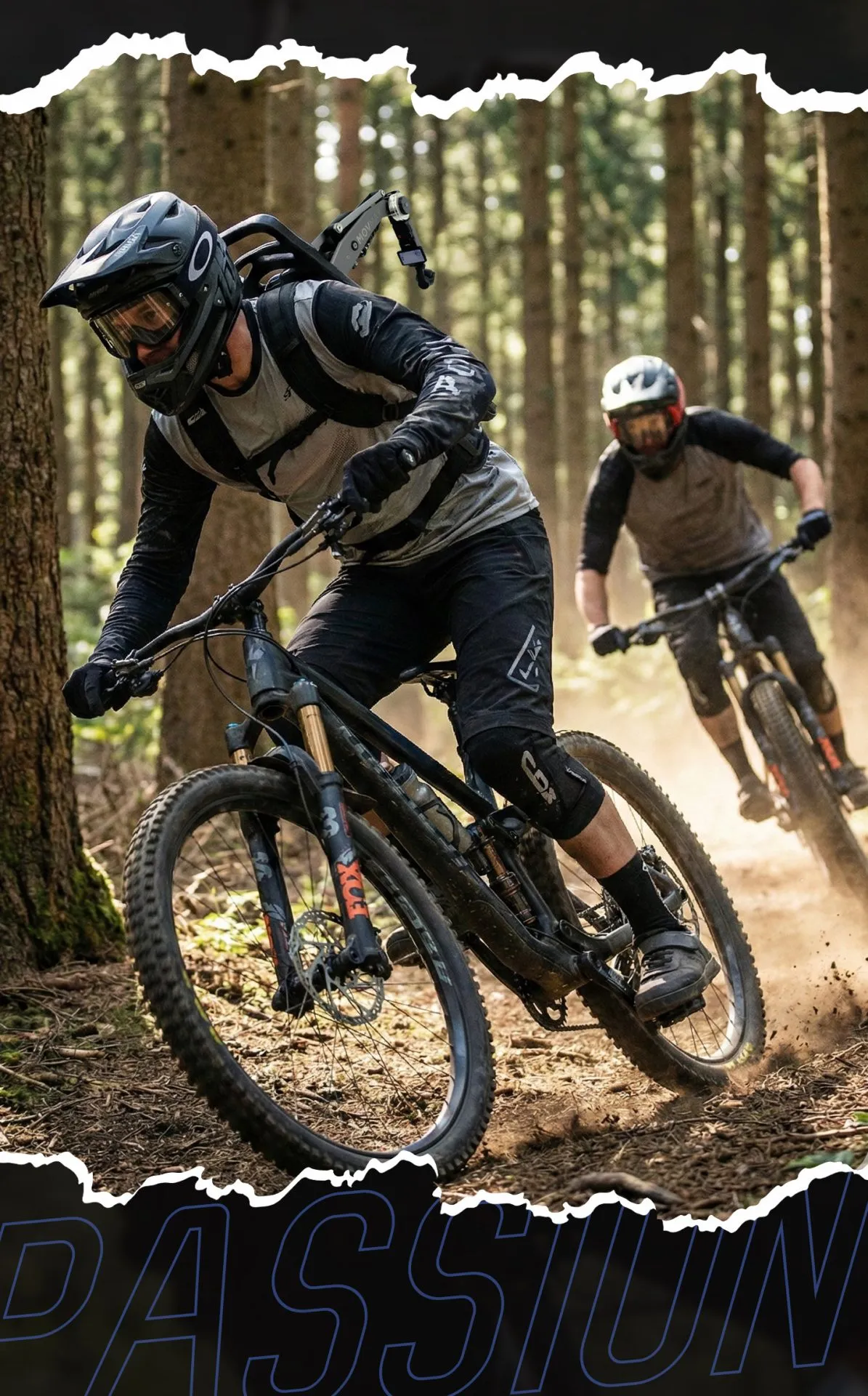 Mountain bikers riding through a forest trail, with the lead rider wearing the Movmax Backpack Mount and Blade Arm Kit for action filming.