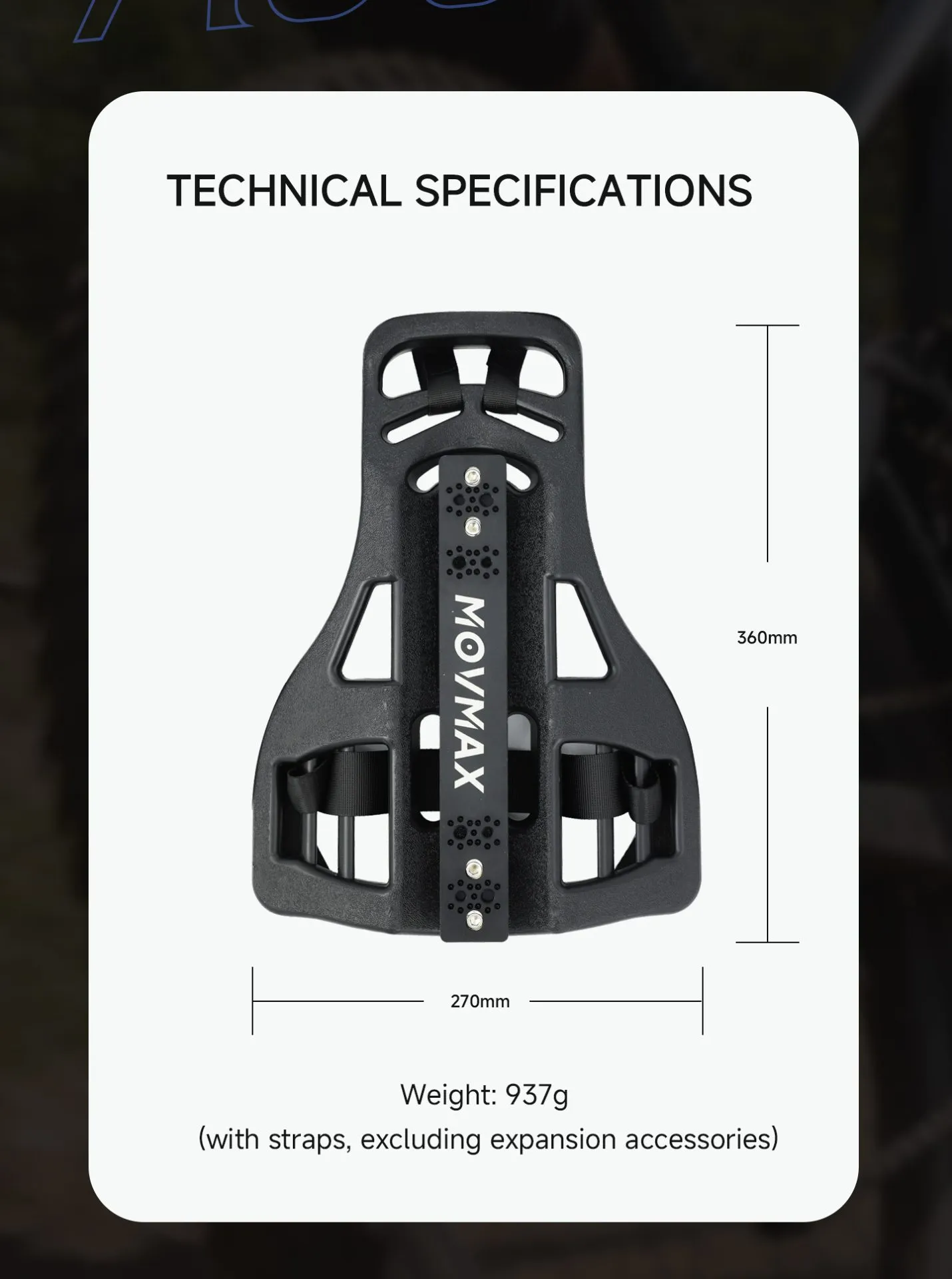 Movmax Backpack Mount technical specifications showing 360 mm height, 270 mm width and 937 g weight with straps, excluding expansion accessories.