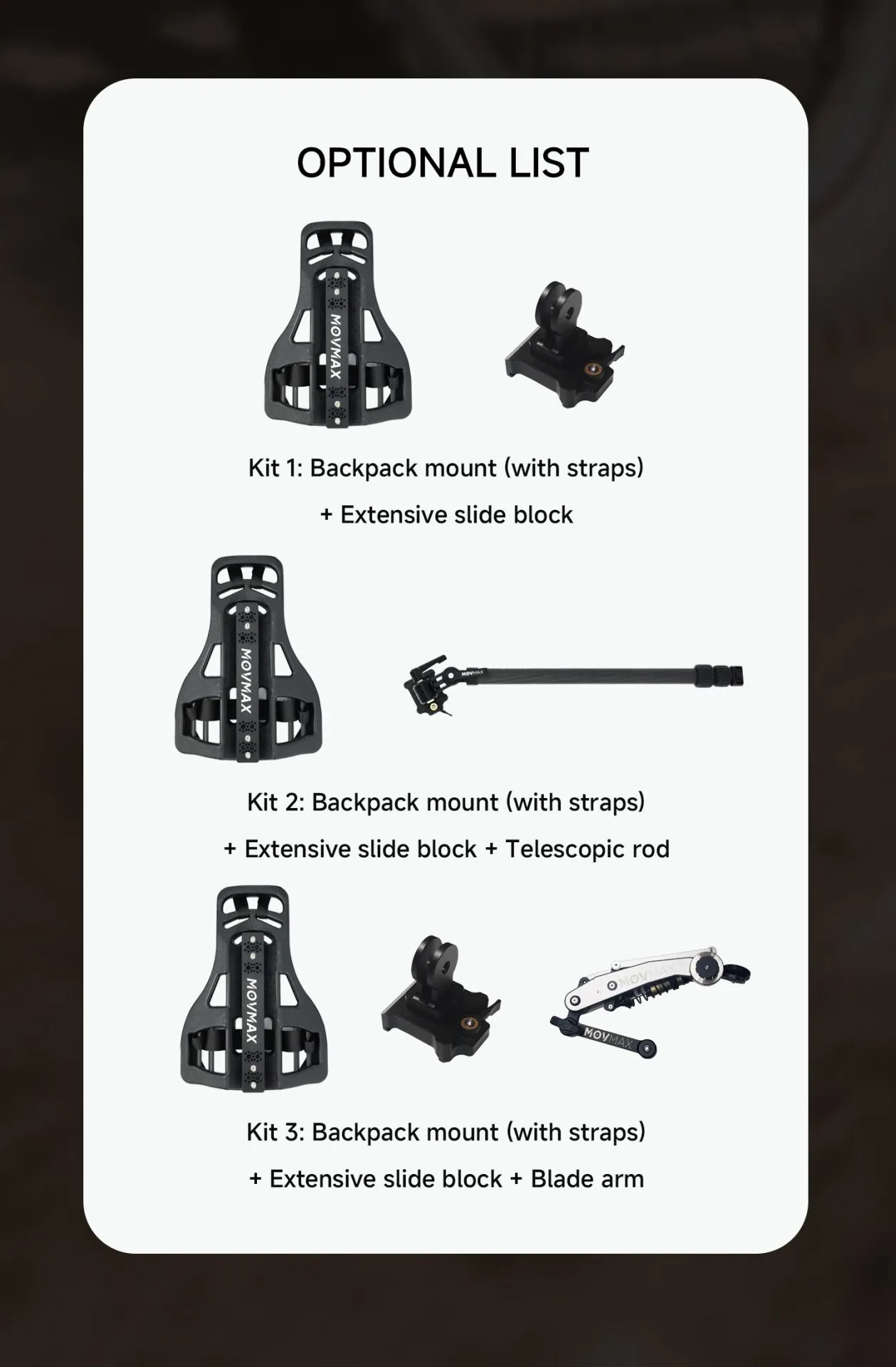 Movmax Backpack Mount kit options showing backpack mount with straps, extensive slide block, telescopic rod and blade arm configurations.