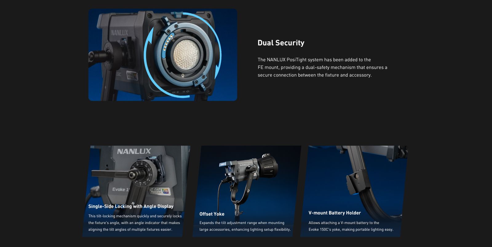 Dual Security The NANLUX PosiTight system has been added to the FE mount, providing a dual-safety mechanism that ensures a secure connection between the fixture and accessory.