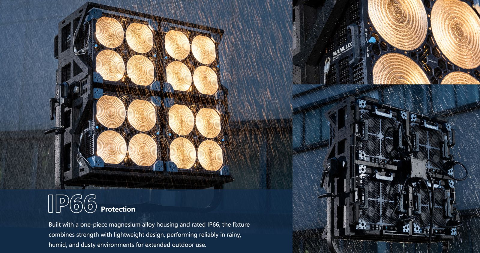 Nanlux Matrix 2500B and 2500C dimensions and weights shown alongside studio and array lighting examples.