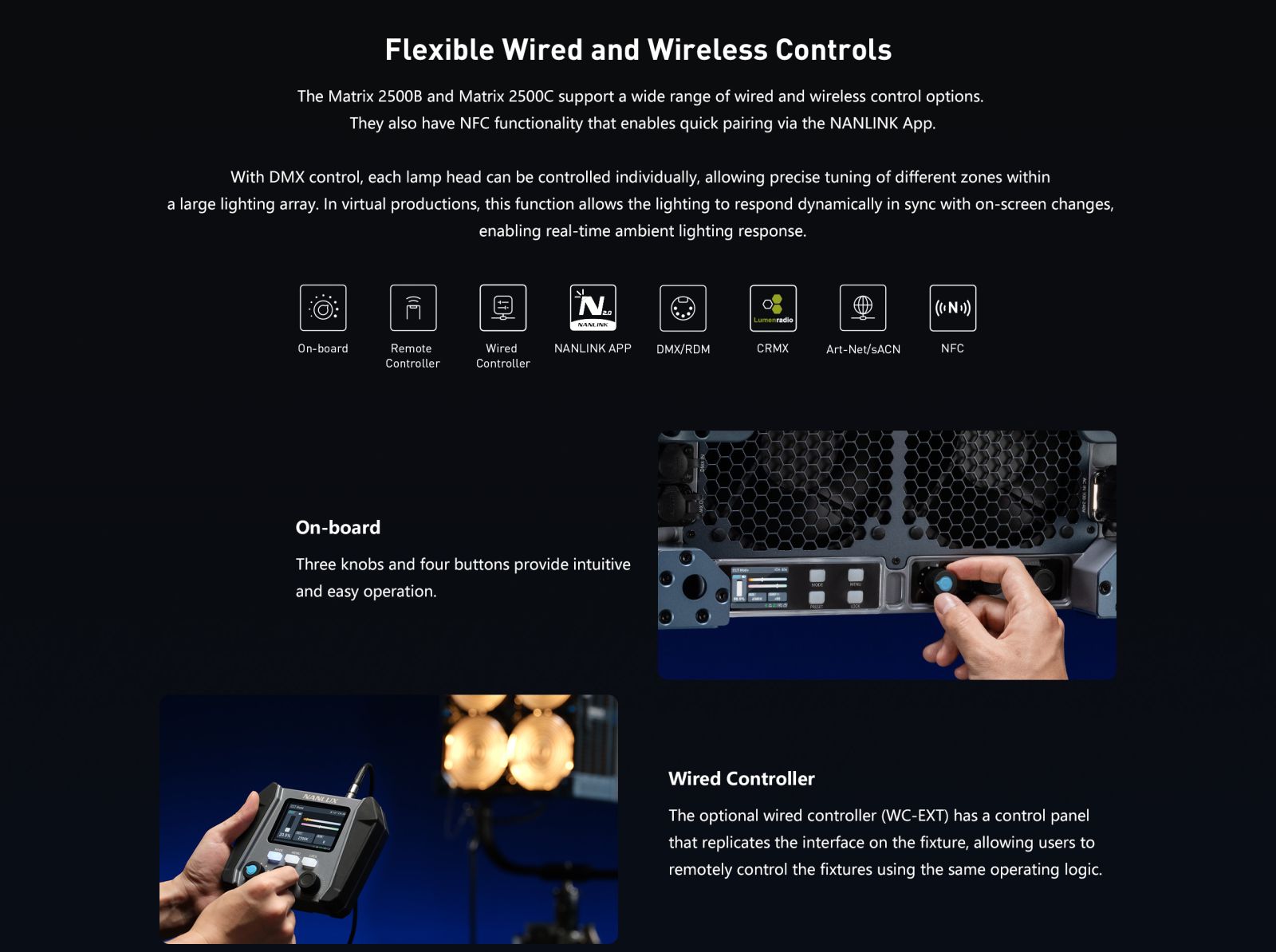 Nanlux Matrix 2500B and 2500C flexible wired and wireless control options including onboard controls, NANLINK app, DMX/RDM, CRMX, Art-Net/sACN and NFC.