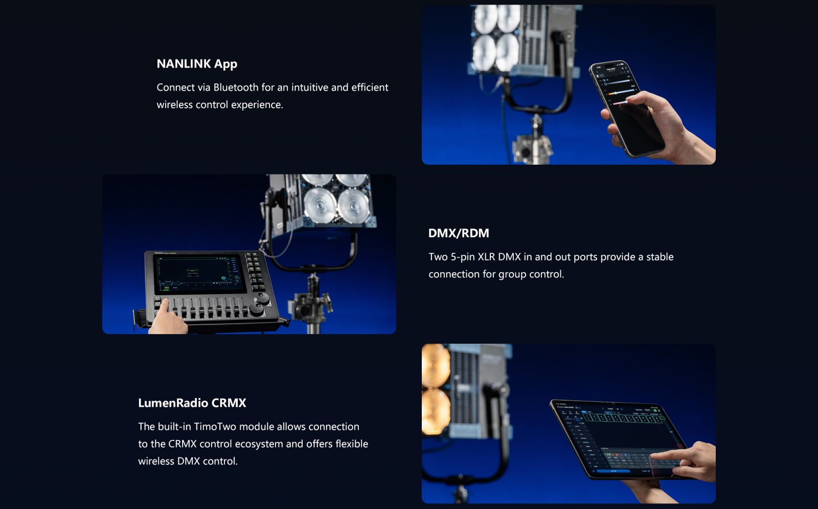 Nanlux Matrix 2500B and 2500C wireless control options showing NANLINK app, DMX/RDM and LumenRadio CRMX control for professional lighting setups.