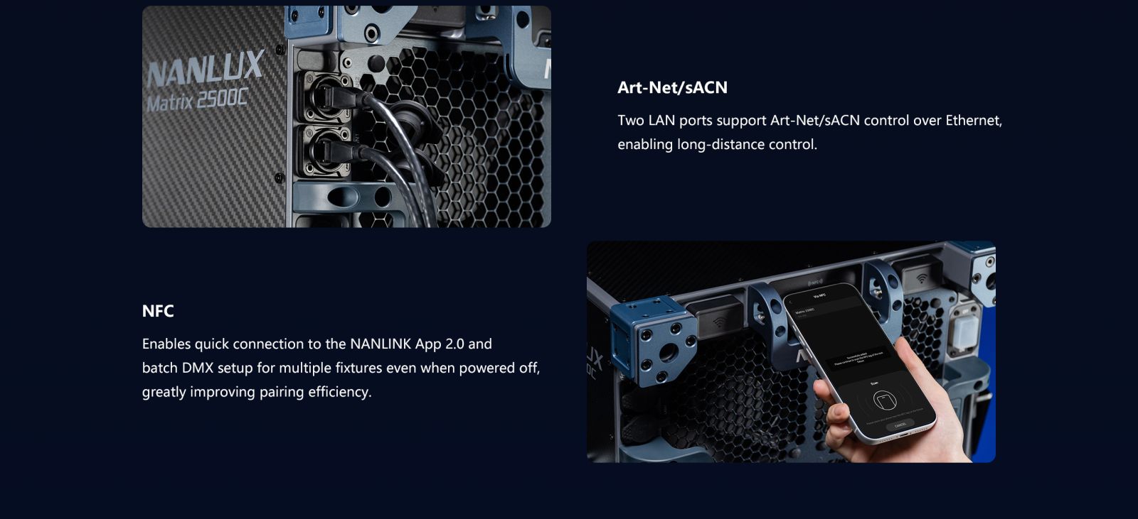 Nanlux Matrix 2500C connection ports and NFC pairing shown for Art-Net/sACN, NANLINK App 2.0 and batch DMX setup.