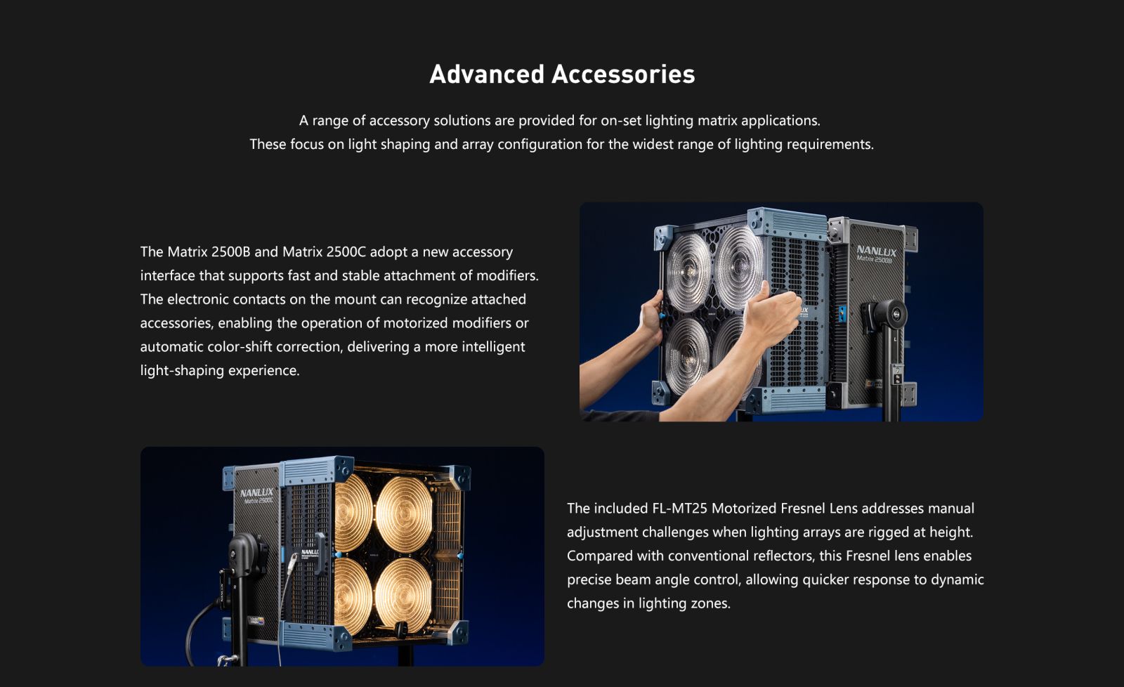 Nanlux Matrix 2500B and 2500C advanced accessories showing fast modifier attachment and the included FL-MT25 motorized Fresnel lens.