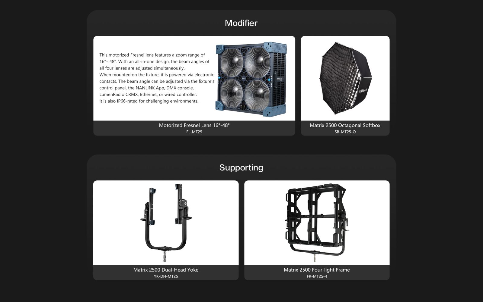 Nanlux Matrix 2500 accessories including FL-MT25 motorized Fresnel lens, octagonal softbox, dual-head yoke and four-light frame.
