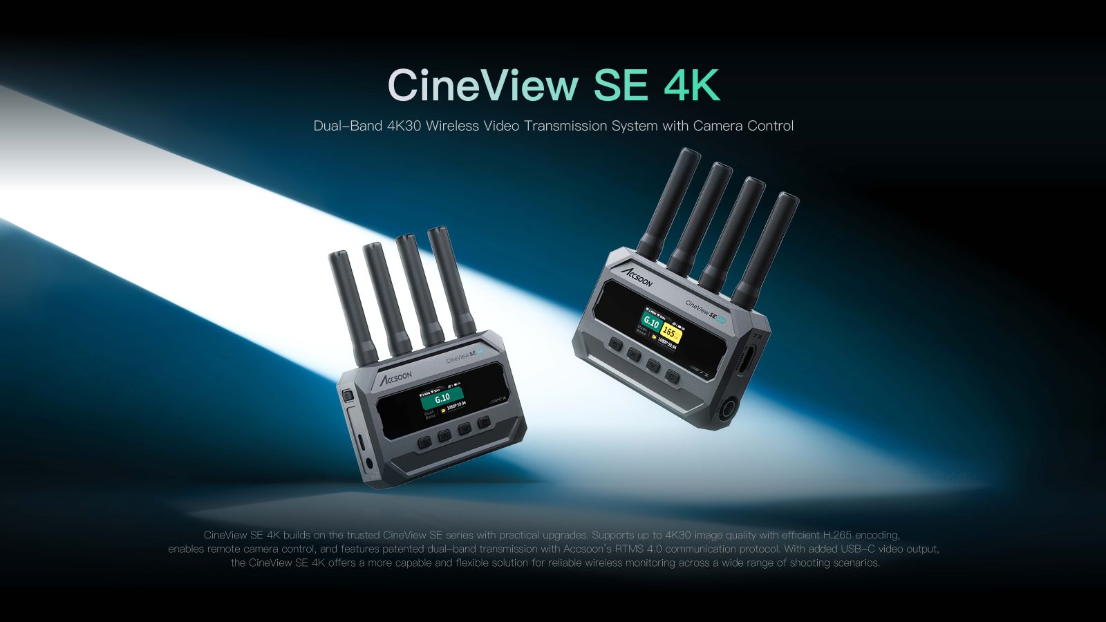 Accsoon CineView SE 4K dual-band 4K30 wireless video transmission system with transmitter and receiver units featuring antennas and front display screens.