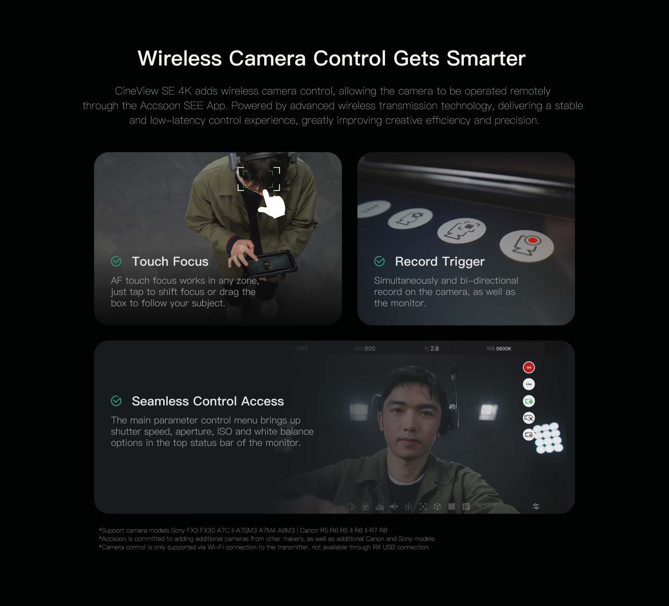 Wireless camera control demonstration via Accsoon SEE App showing touch focus, remote parameter control, and record trigger support for Sony and Canon mirrorless cameras.