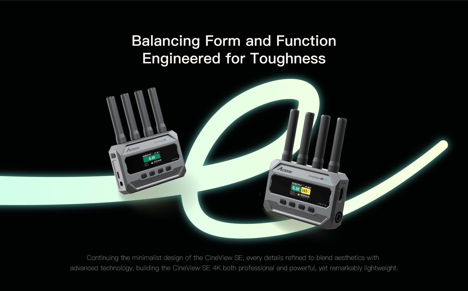 Accsoon CineView SE 4K transmitter and receiver units showcasing durable, minimalist design engineered for professional toughness, with compact lightweight build and multiple antennas.