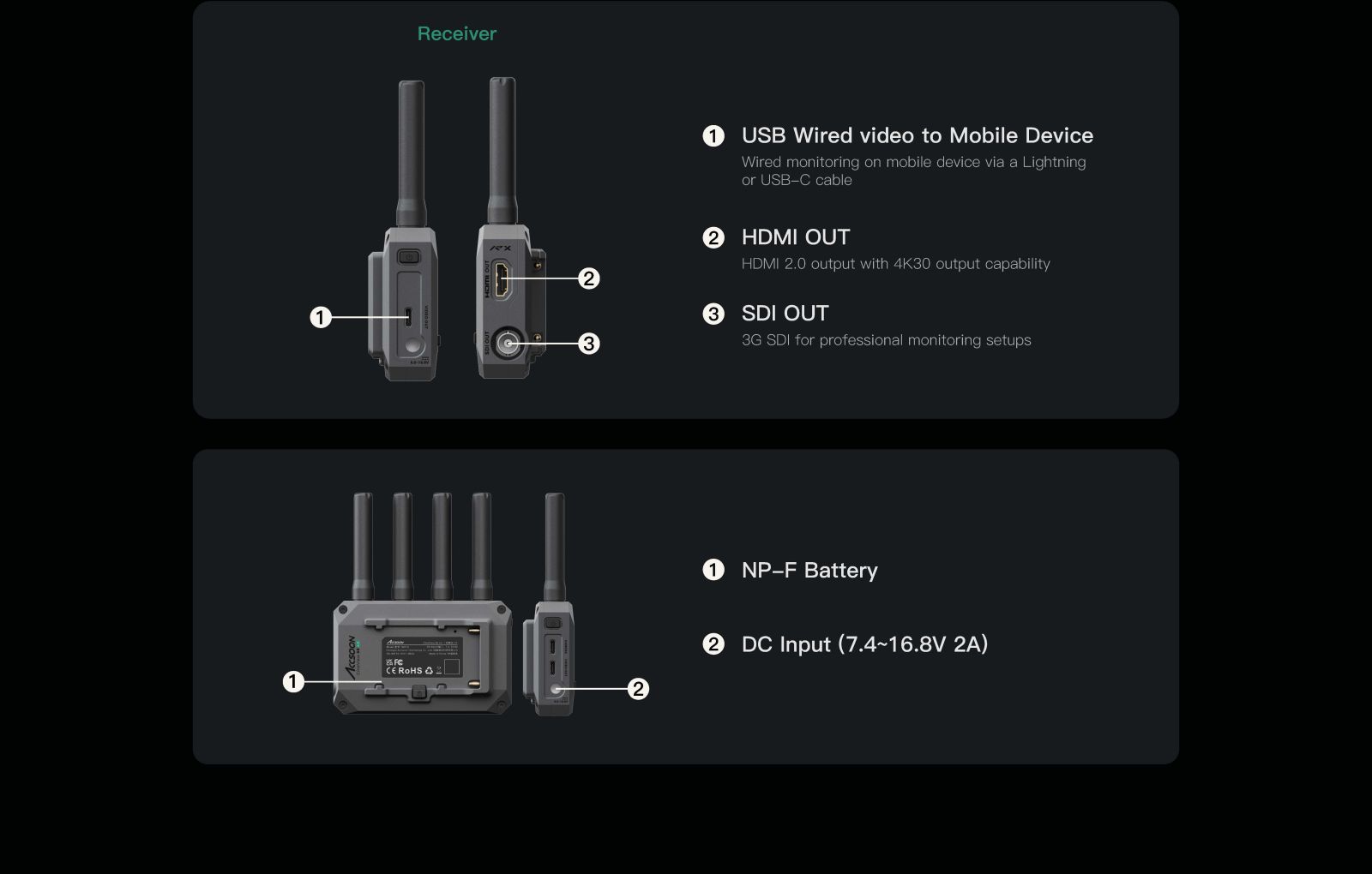 Accsoon CineView SE 4K rear view displaying NP-F battery plate and DC input (7.4–16.8V) for flexible power options in professional video production setups.