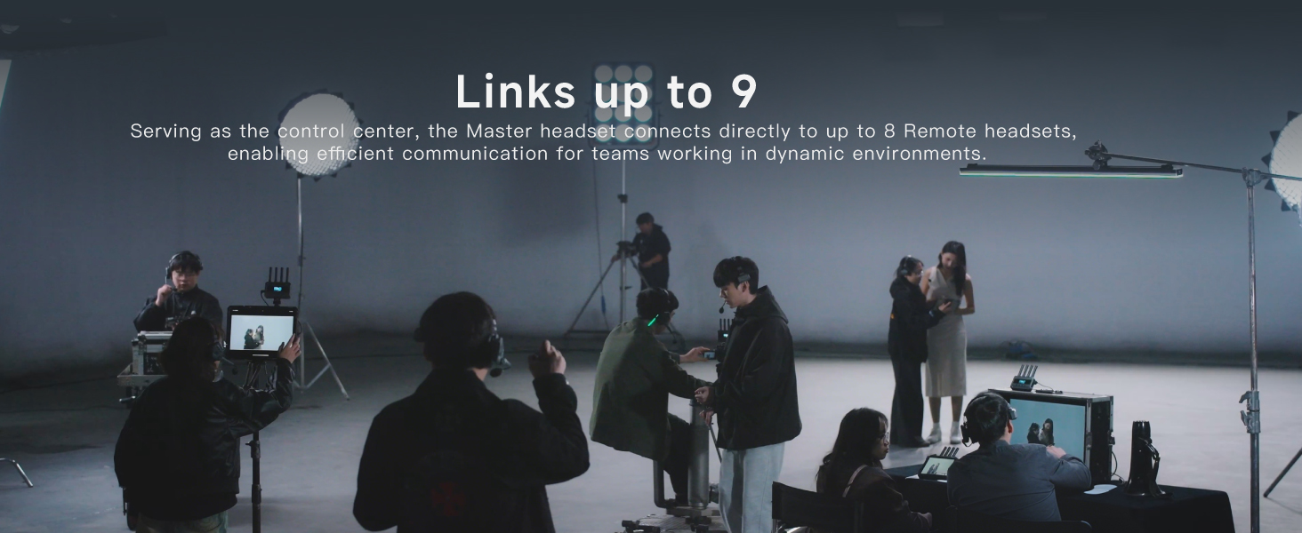 Accsoon CoMo II master headset connecting up to 8 remote headsets for 9-person crew communication.