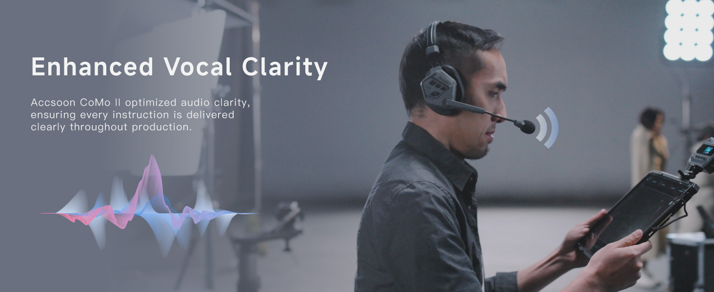 Accsoon CoMo II headset showing enhanced vocal clarity for clear production instructions on set.