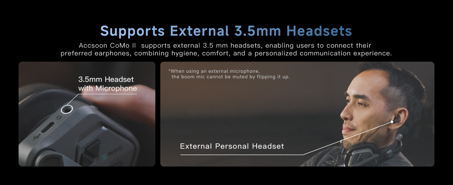 Accsoon CoMo II headset with 3.5mm external earphone support for personalised and hygienic monitoring.