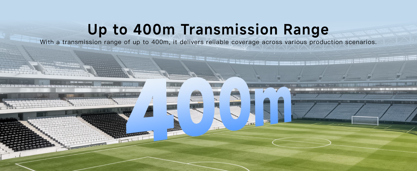 Accsoon CoMo II wireless intercom showing up to 400m transmission range across a large venue.