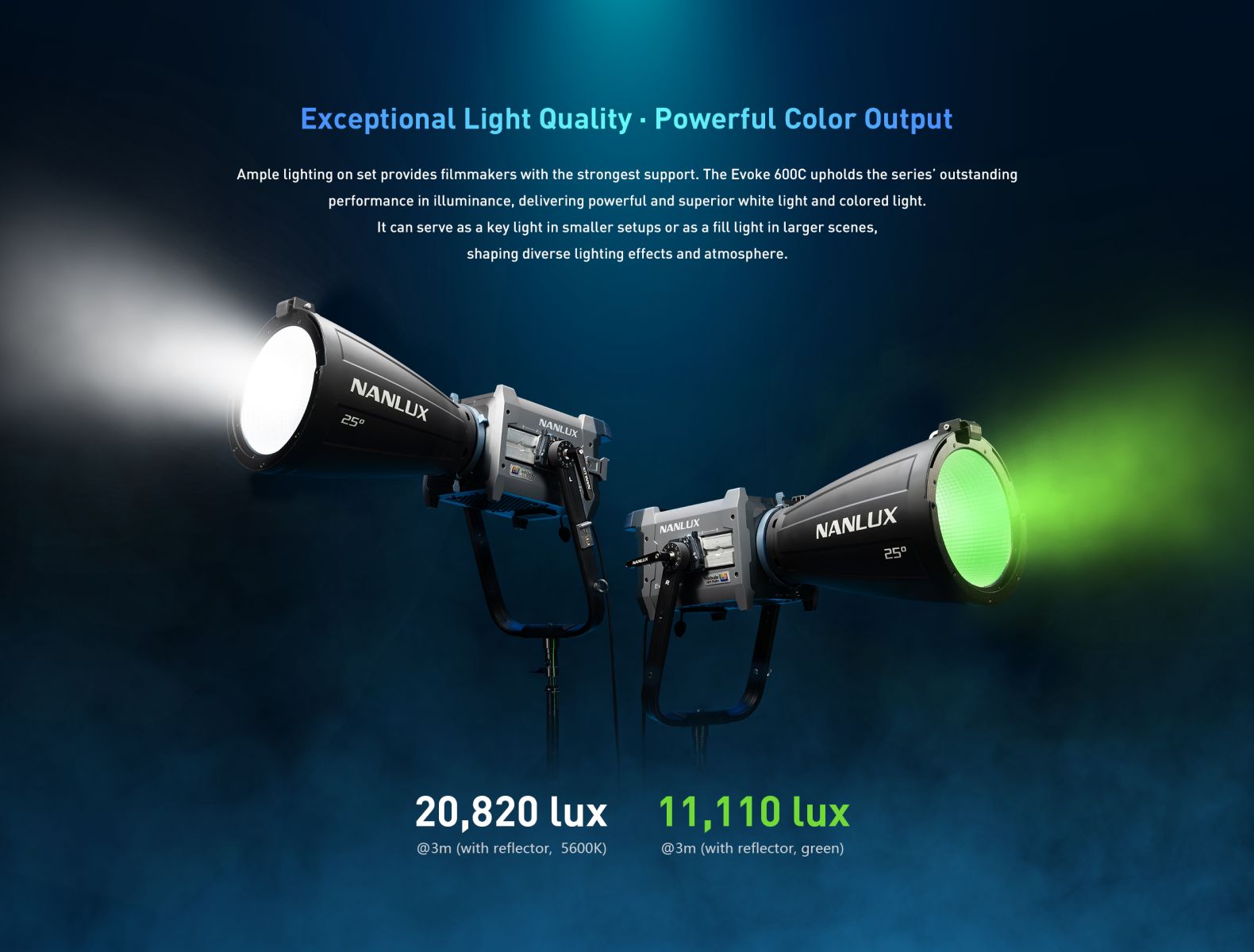 The Evoke 600C is a powerful, versatile, and reliable full-color point light source designed for professional production. Equipped with the Nebula C8 Color Light Engine, the Evoke 600C delivers an ultra-wide color temperature range of 1,000K-20,000K and stunning color performance. Its all-in-one design, combined with a magnesium-alloy housing, ensures a compact, lightweight, and durable fixture. With IP66 all-weather protection, it is ready for use in various extreme environments. Continuing the Evoke family's excellence in high output and excellent light quality, both white and color light are bright and powerful. The BE mount Evoke 600C is also compatible with the Bowens mount accessory ecosystem, and with the NL to BE mount adapter, it can accommodate NL mount accessories, providing users with more comprehensive and professional lighting shaping options.