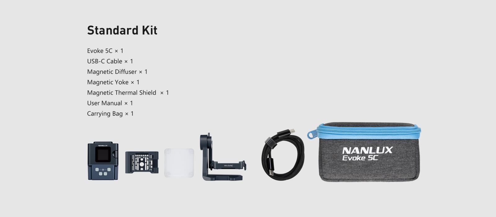 Nanlux Evoke 5C kit layout with included accessories and carrying case