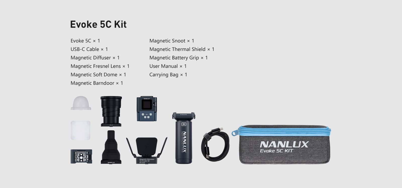 Evoke 5C kit accessories including modifiers, lenses and battery grip