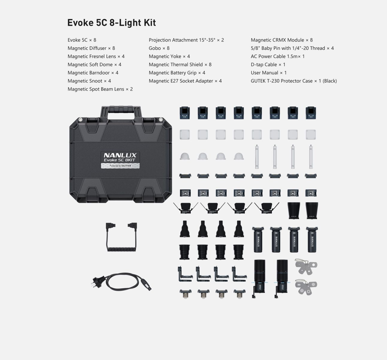 Evoke 5C 8 light kit with GUTEK protective charging case open