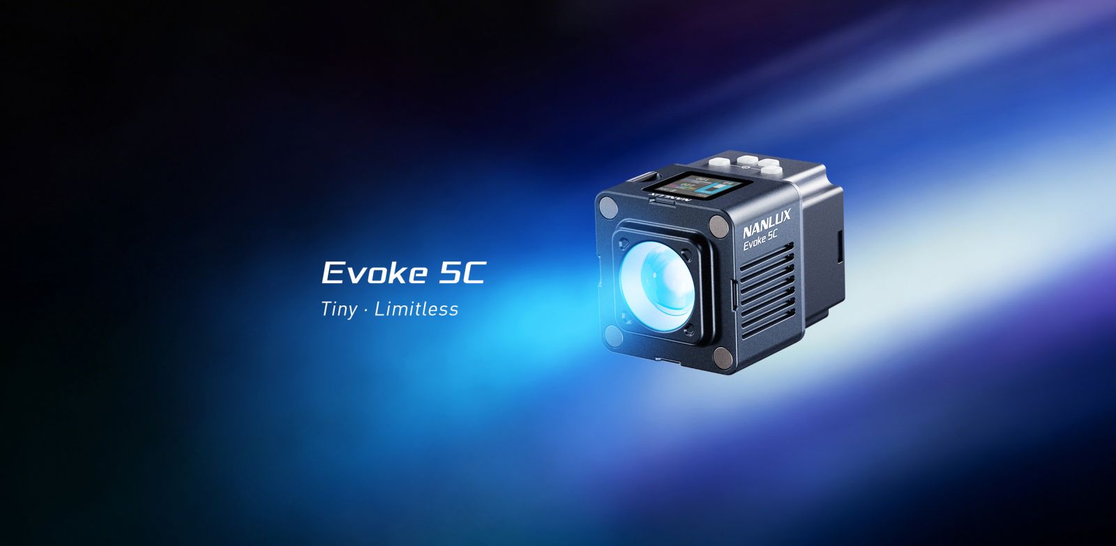 Nanlux Evoke 5C compact RGB LED spot light hero image on blue gradient background