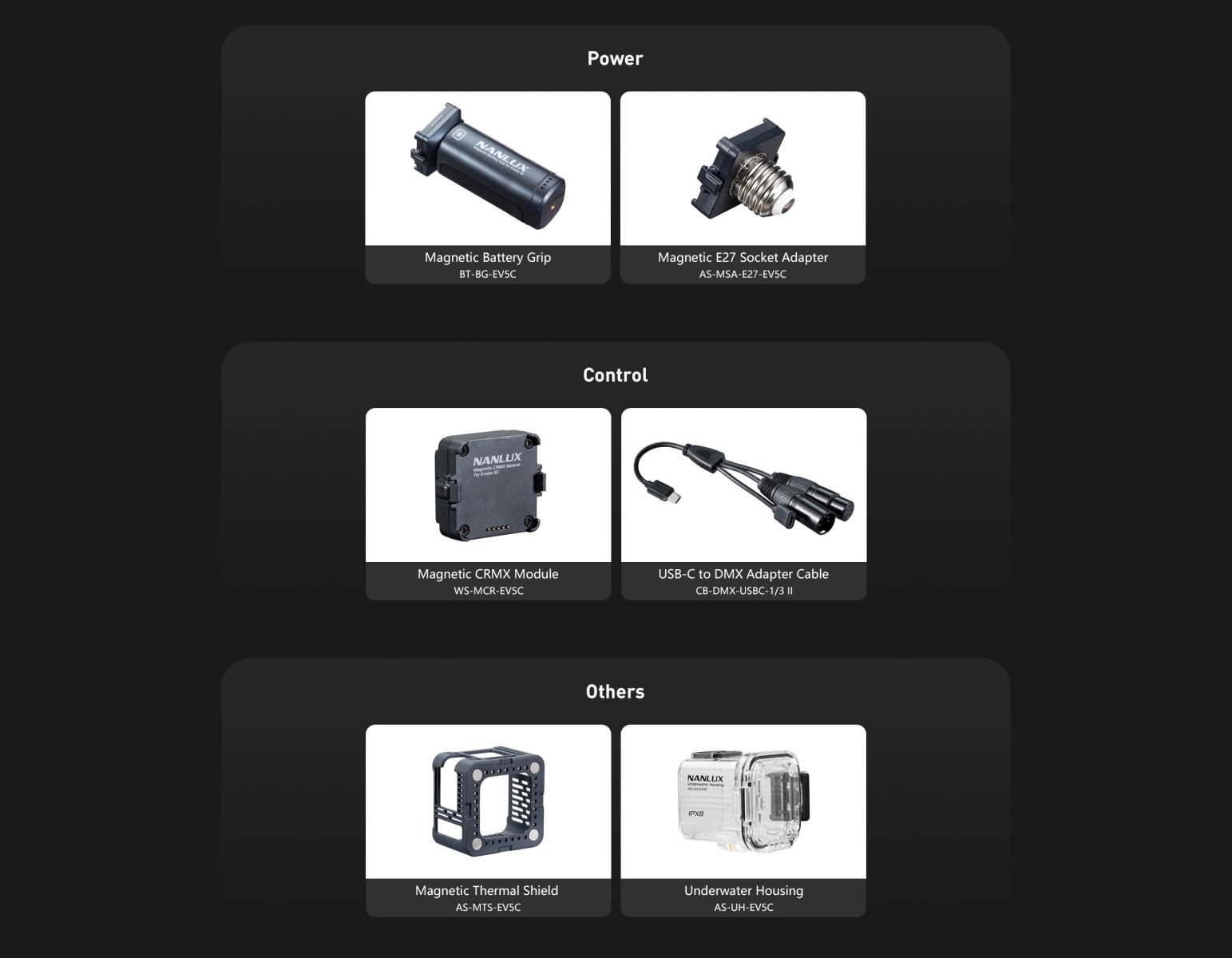 Evoke 5C accessories including battery grip, E27 adapter, CRMX module and thermal shield