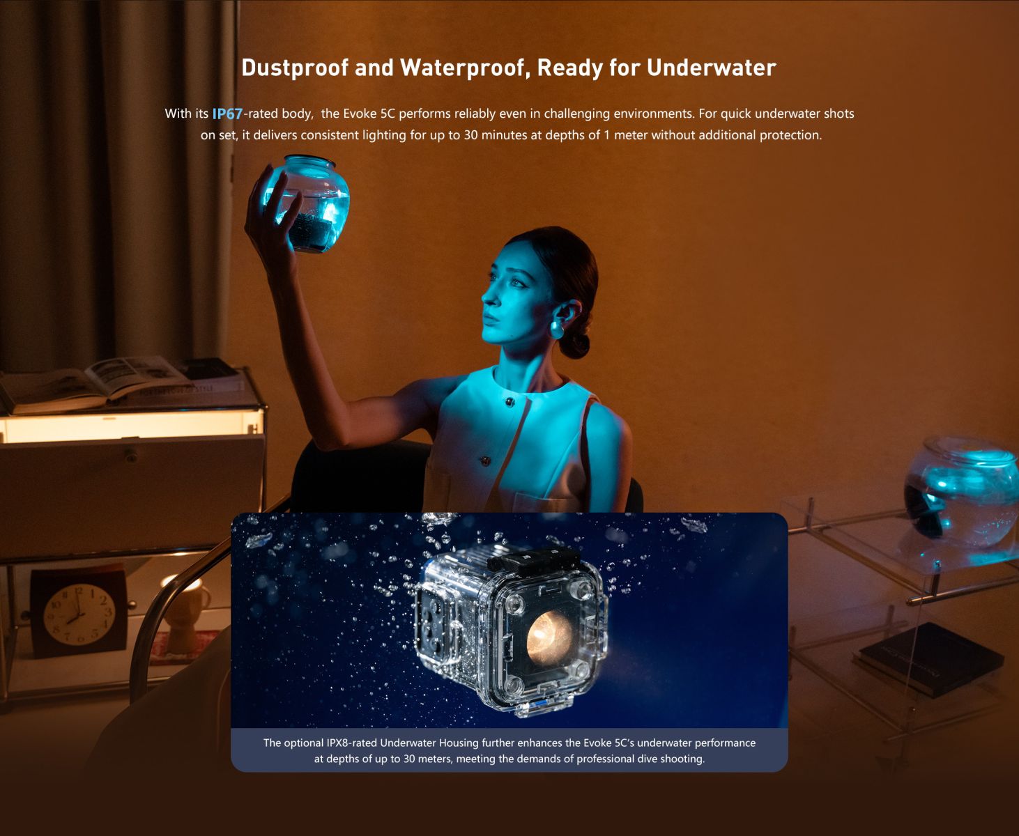 Evoke 5C waterproof IP67 design demonstrated in underwater environment