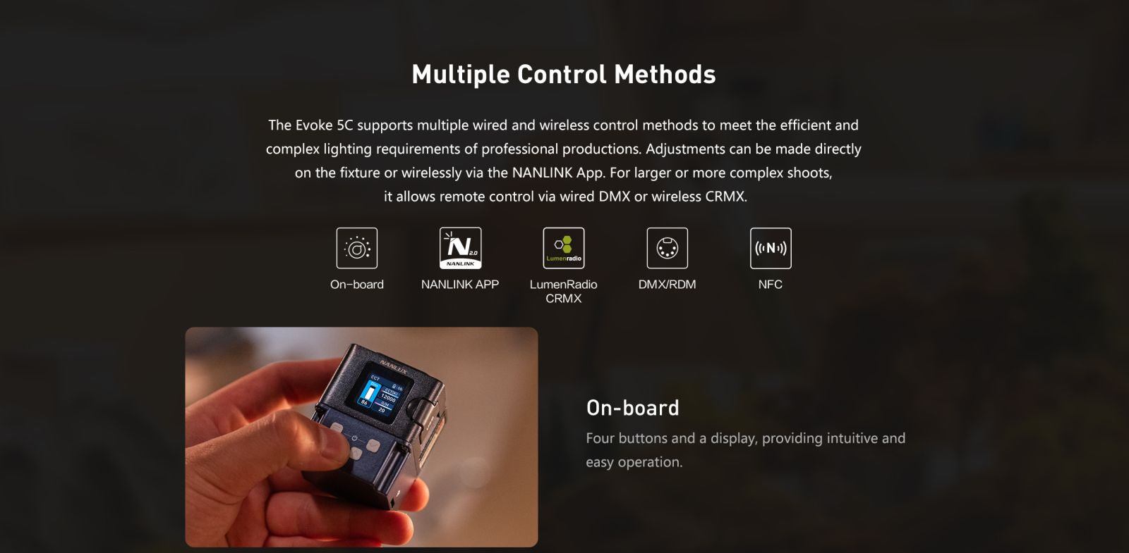 Evoke 5C multiple control methods including app, DMX, CRMX and onboard
