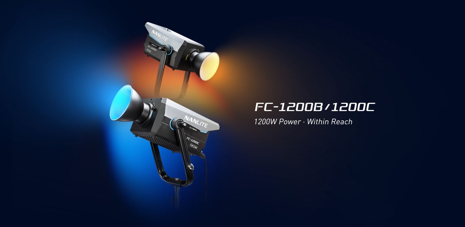 Nanlite FC-1200B bi-colour and FC-1200C full-colour LED spotlights producing warm and coloured light