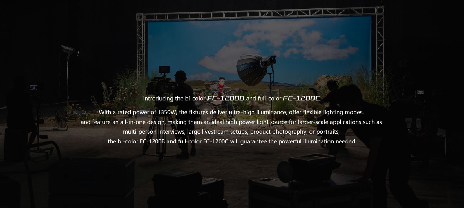 Nanlite FC-1200B and FC-1200C professional LED spotlights on a large film production set