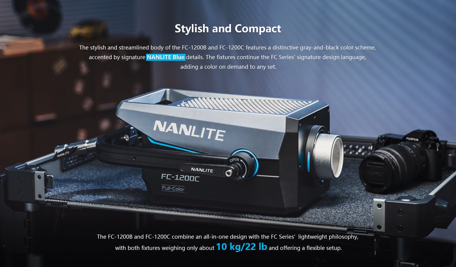 Compact Nanlite FC-1200C full-colour LED spotlight showing its streamlined all-in-one FC Series design