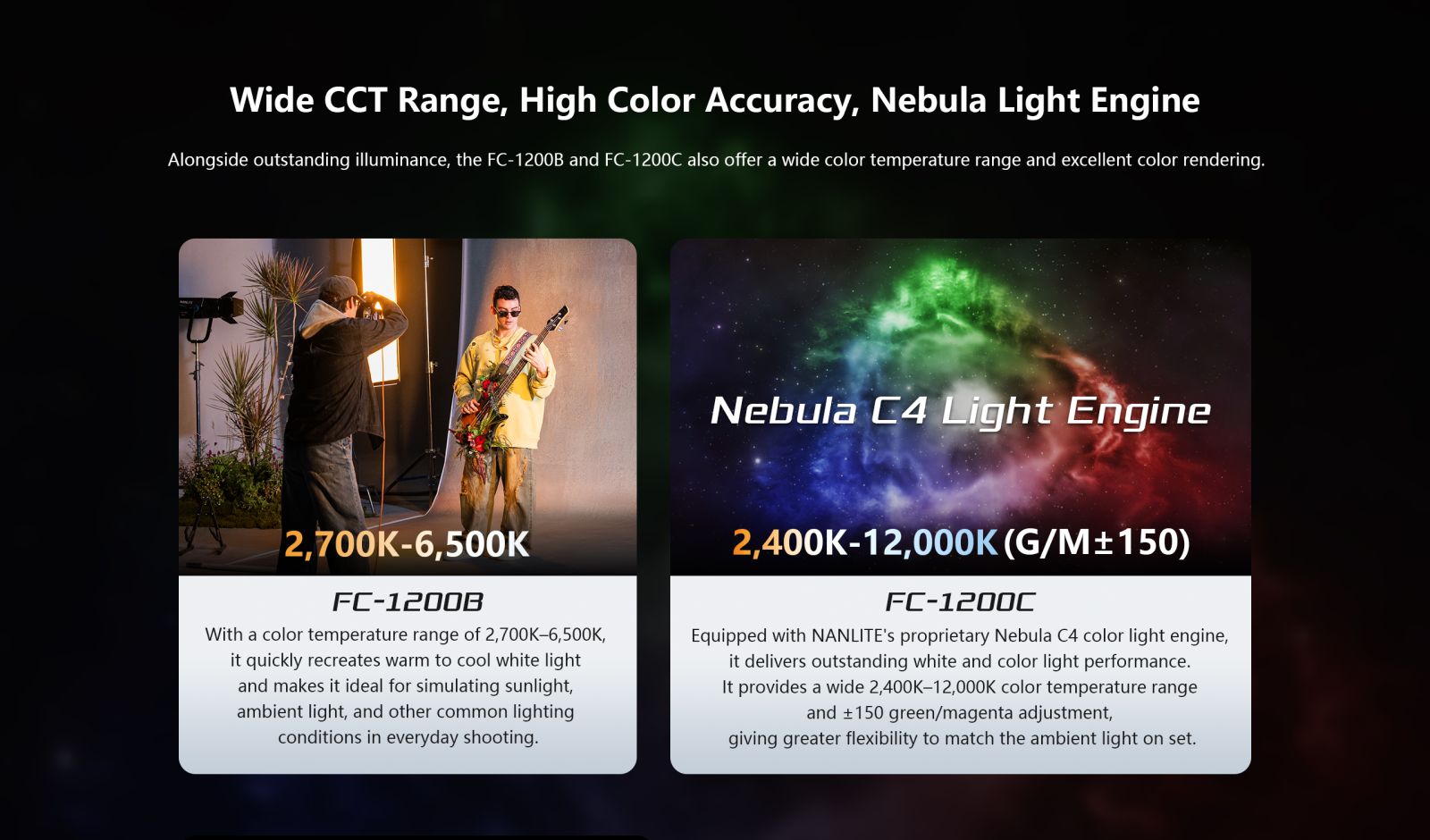Nanlite FC-1200B and FC-1200C LED spotlights showing CCT ranges and the Nebula C4 full-colour light engine