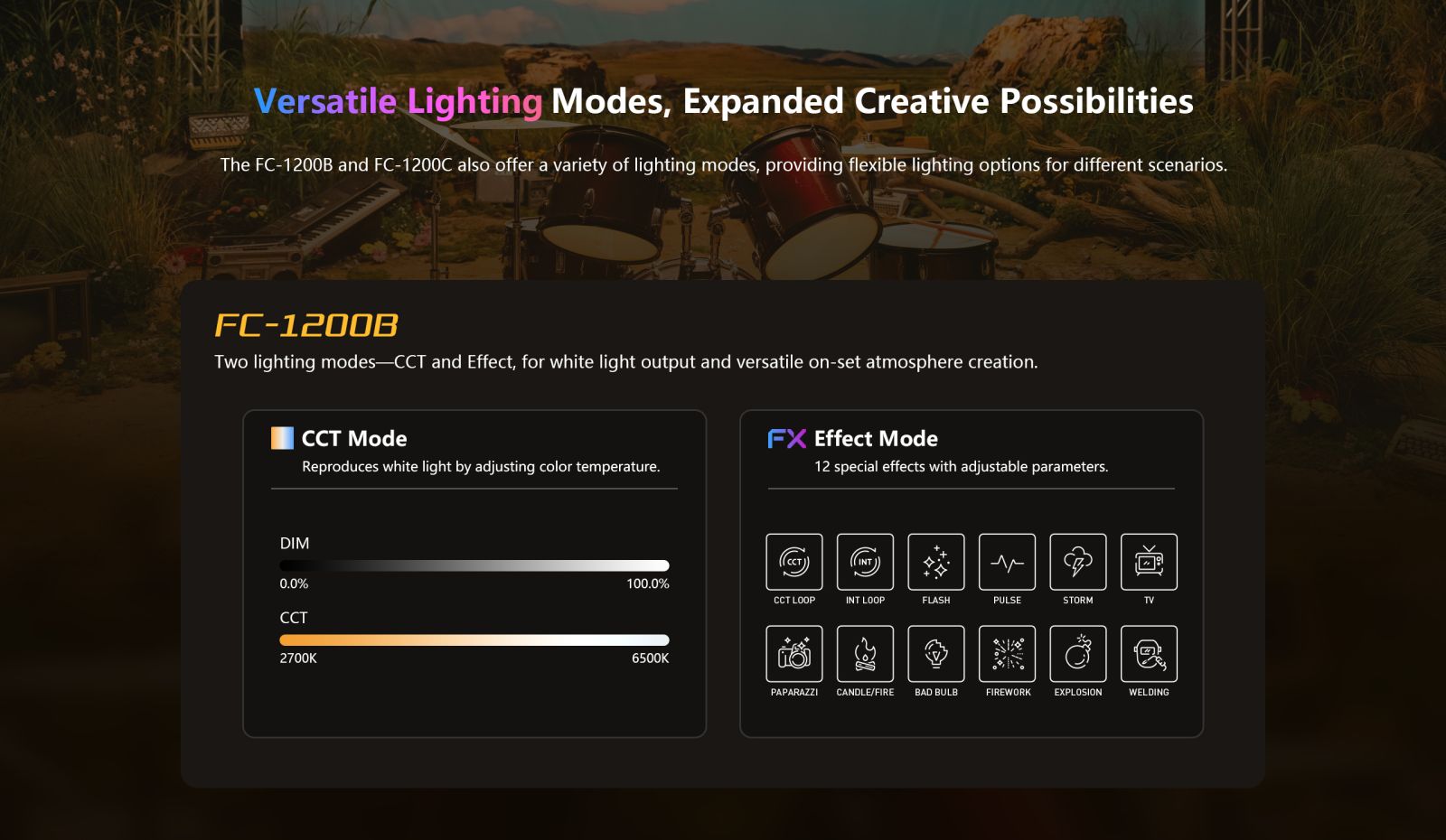 Nanlite FC-1200B bi-colour LED spotlight CCT mode and 12 built-in lighting effects