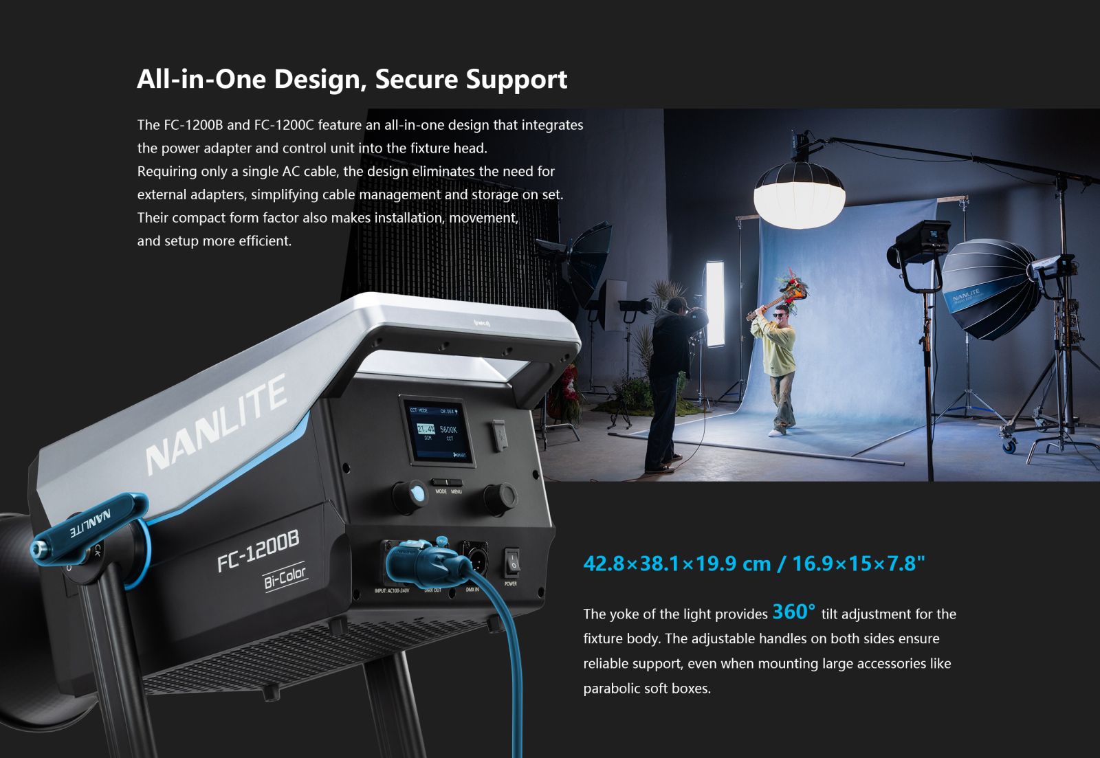 Nanlite FC-1200B all-in-one LED spotlight on a professional studio set with a large softbox