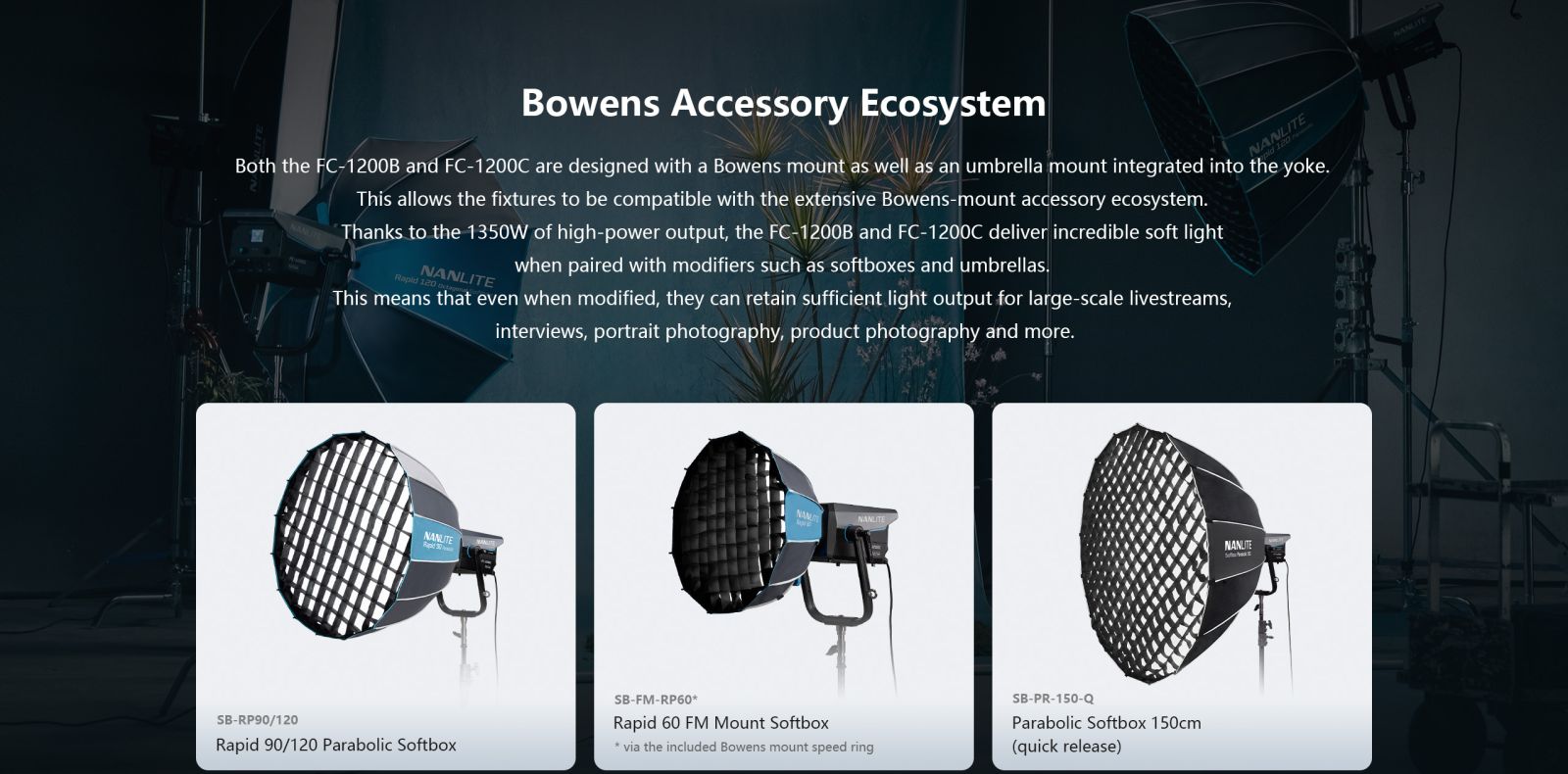 Nanlite FC-1200B and FC-1200C Bowens mount accessory ecosystem featuring Rapid and parabolic softboxes
