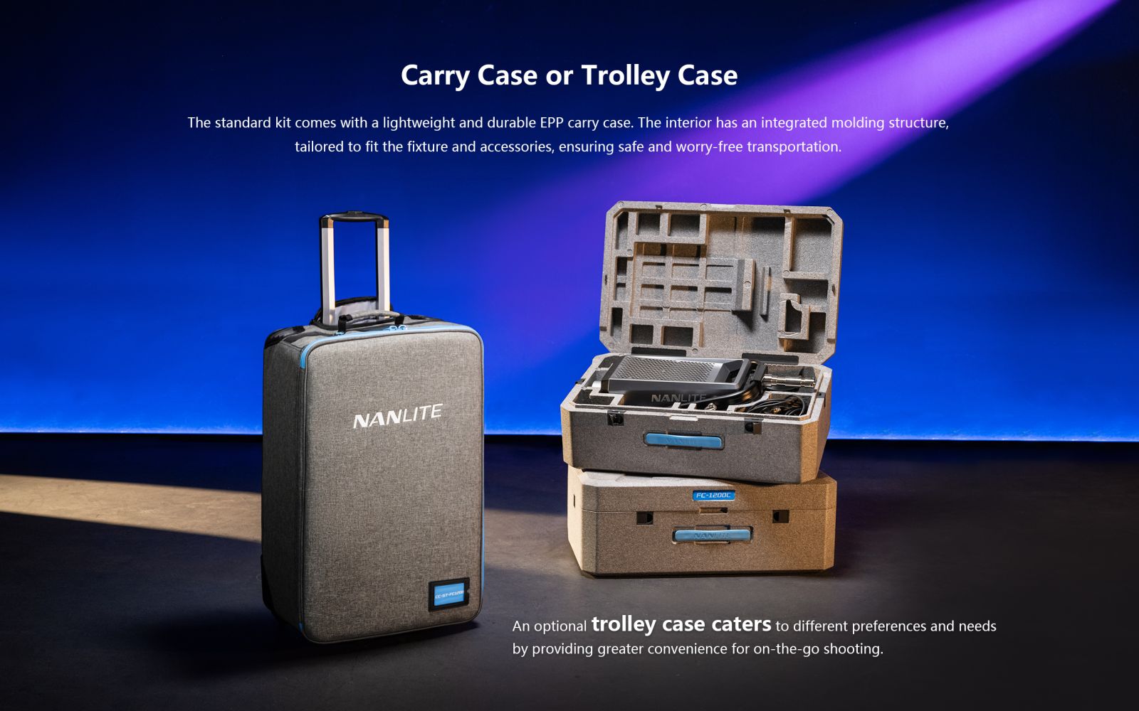 Nanlite FC-1200C protective carry case and optional wheeled trolley case for transport