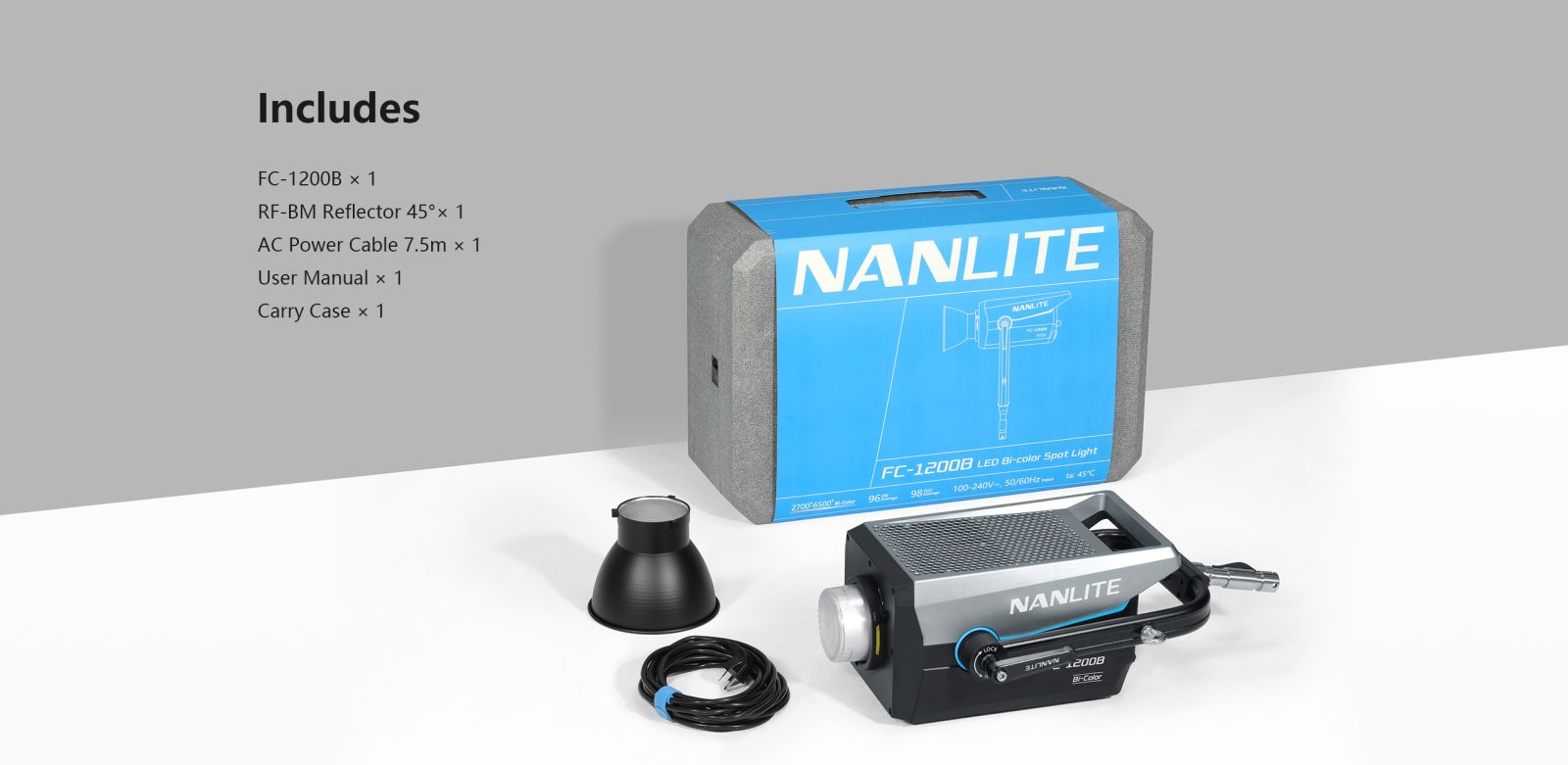Nanlite FC-1200B kit with bi-colour LED spotlight, 45-degree reflector, AC power cable and protective carry case