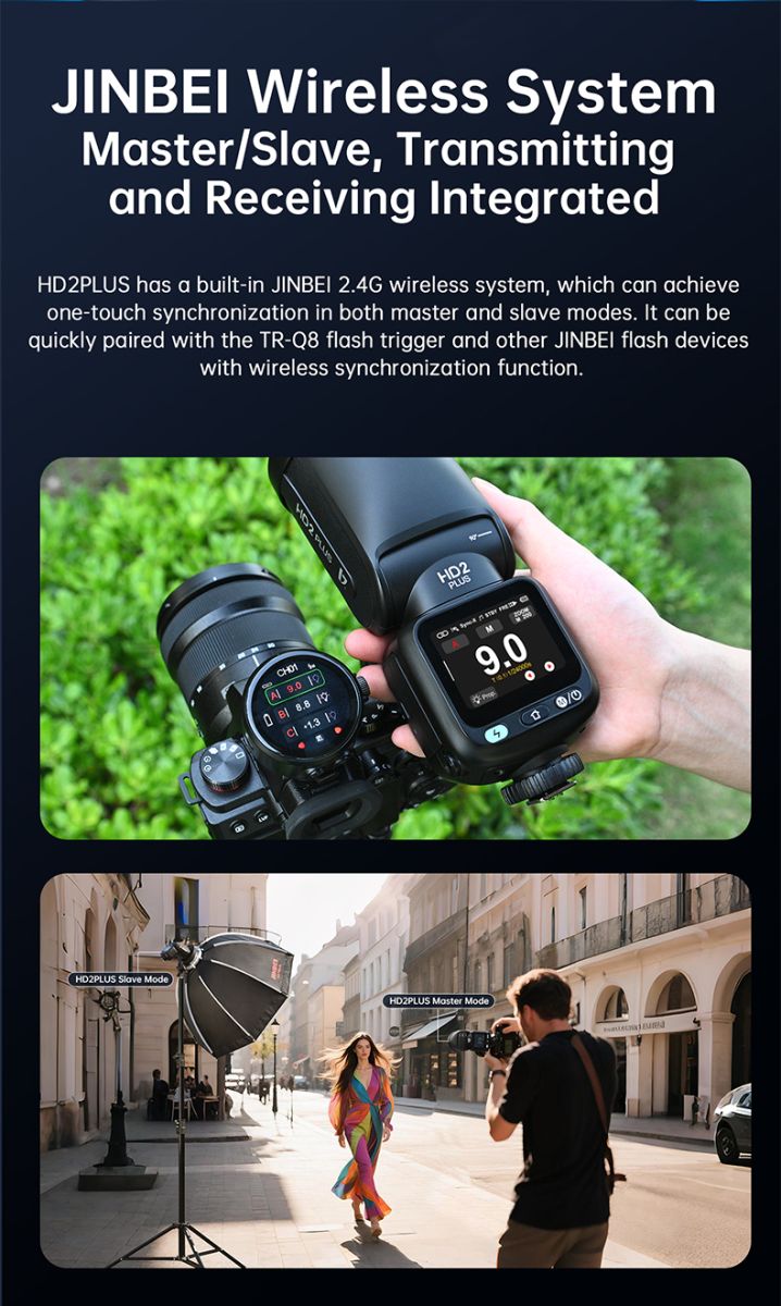 Jinbei HD-2 Plus wireless system graphic showing the speedlight paired with a camera trigger and used in a master/slave off-camera lighting setup, highlighting built-in 2.4G wireless synchronization with Jinbei flash devices.