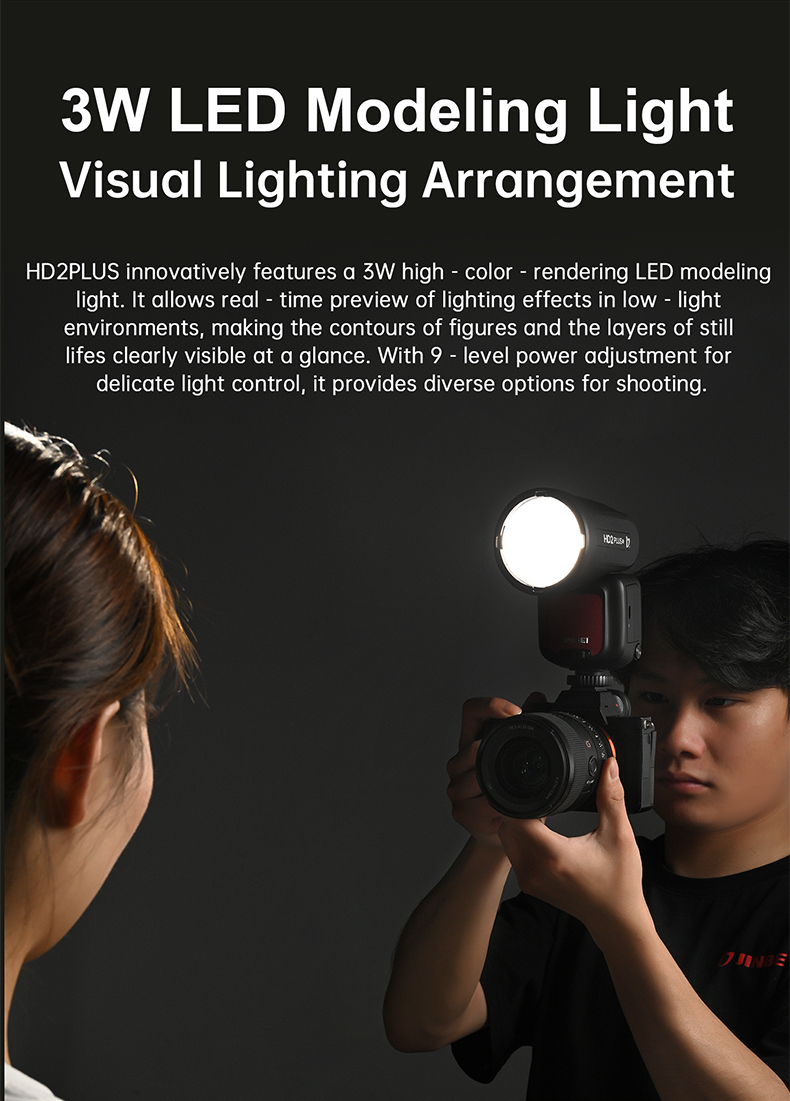 Jinbei HD-2 Plus 3W LED modelling light demonstration showing the flash mounted on a camera during a low-light portrait shoot, highlighting real-time lighting preview, high colour rendering, and 9-level power adjustment.