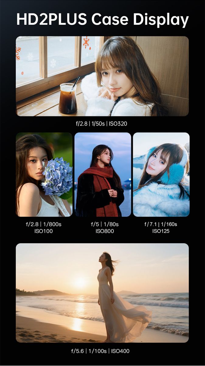 Jinbei HD-2 Plus case display showing sample portrait images taken in different lighting conditions, with camera settings listed for each image including aperture, shutter speed, and ISO.
