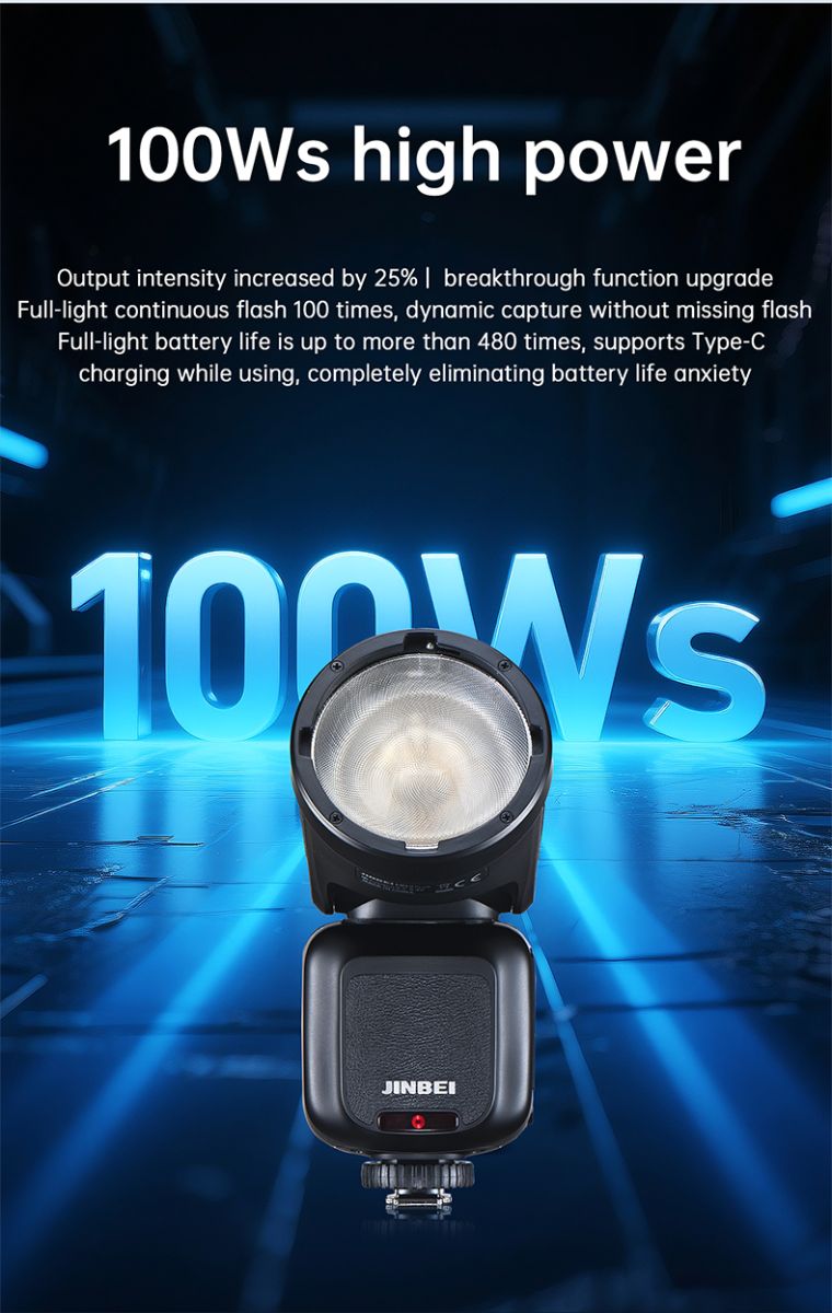 Jinbei HD-2 Plus 100Ws high-power speedlight shown in front of glowing blue 100Ws text, with copy describing 25% increased output, 100 full-power continuous flashes, over 480 full-power flashes per charge, and Type-C charging while in use.
