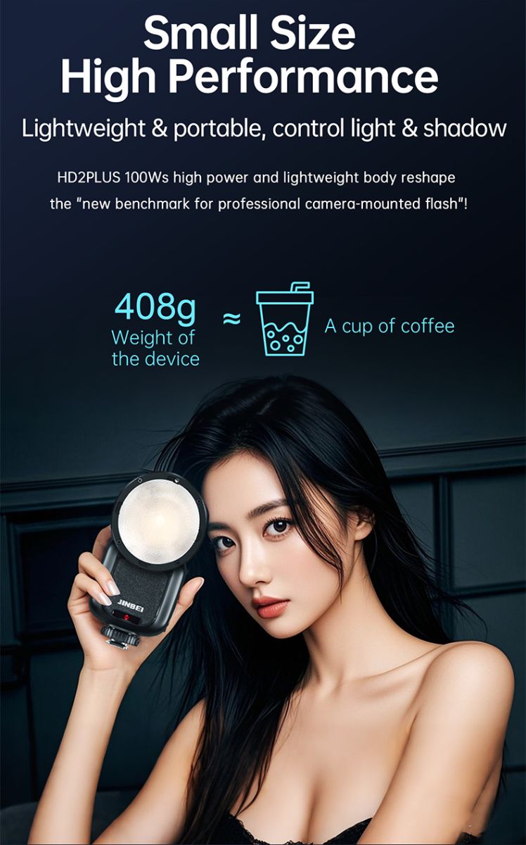 Jinbei HD-2 Plus lightweight speedlight shown beside a model holding the flash, promoting small size, high performance, 408g weight, and portability comparable to a cup of coffee.