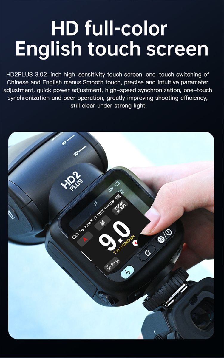 Close-up of the Jinbei HD-2 Plus full-colour English touch screen being adjusted by hand, highlighting the 3.02-inch touchscreen, bilingual menus, quick power adjustment, high-speed synchronization, and one-touch operation.